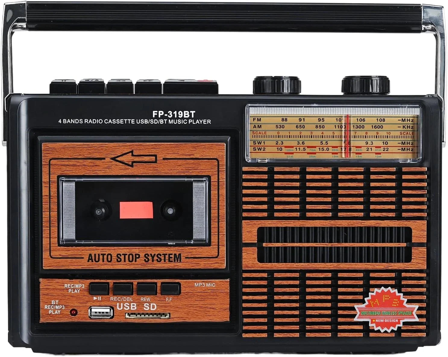 Radio retro portabil FP-319BT,  Casetofon, MP3, bluetooth , USB/SD, FM/AM/SW, Negru