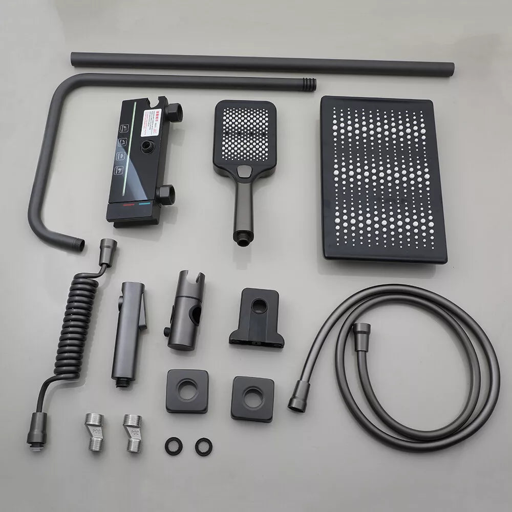 RESIGILAT - Coloana de Dus Smart, Afisaj LED Ceas, Grade, Control Termostatic, 4 Moduri de Pulverizare,Lumini LED, Materiale Premium, Para Dus, Robinet Ascuns, Fara Conectare Electrica