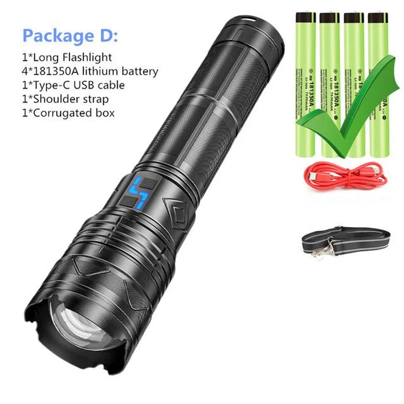 Lanterna profesionala cu LED laser, incarcare Type-C, 4 acumulatori inclusi, afisaj baterie, distanta iluminare pana la 1000 m,