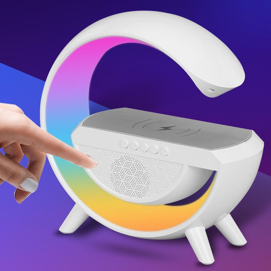 Lampă LED multifuncțională RGB cu încărcare wireless 15W și boxă Bluetooth, albă