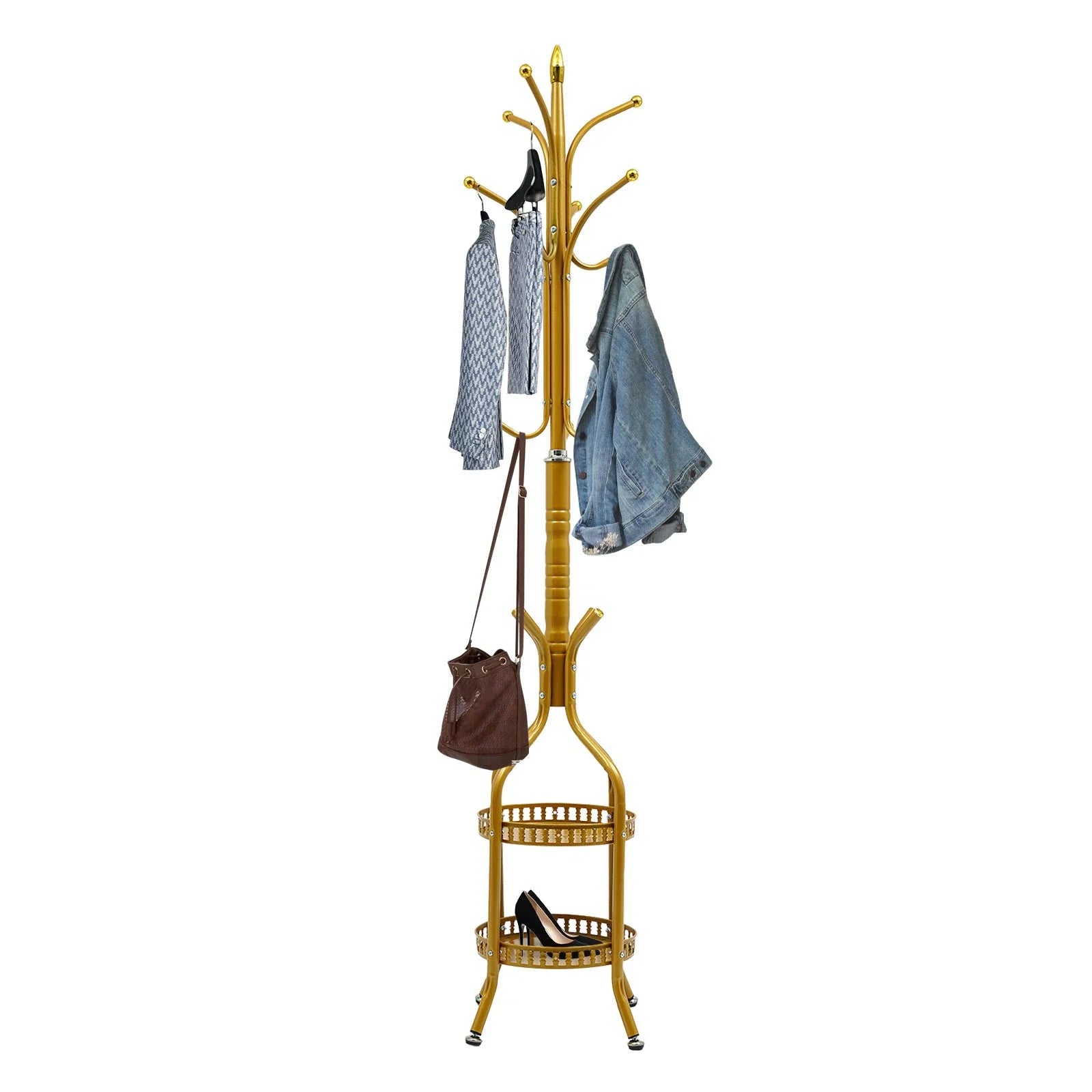 RESIGILAT - Cuier de podea metalic auriu, 34 x 189 cm, cu carlige multiple si 2 rafturi de depozitare, tip hall tree, pentru hol, dormitor sau birou