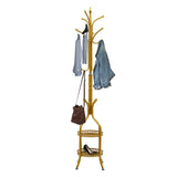 RESIGILAT - Cuier de podea metalic auriu, 34 x 189 cm, cu carlige multiple si 2 rafturi de depozitare, tip hall tree, pentru hol, dormitor sau birou