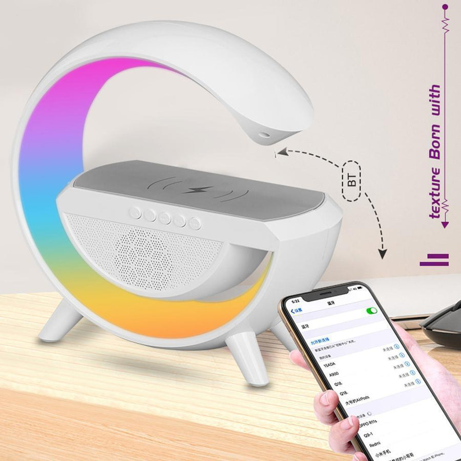 Lampă LED multifuncțională RGB cu încărcare wireless 15W și boxă Bluetooth, albă