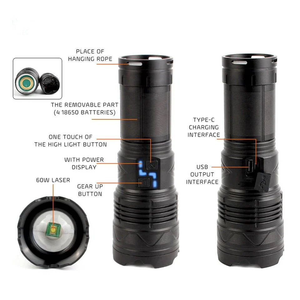 Lanterna profesionala cu LED laser, incarcare Type-C, 4 acumulatori inclusi, afisaj baterie, distanta iluminare pana la 1000 m,