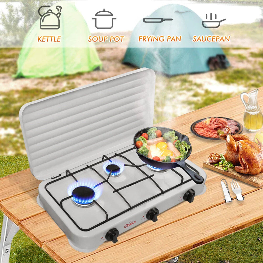 Aragaz portabil pe gaz cu 3 arzatoare – camping si uz casnic