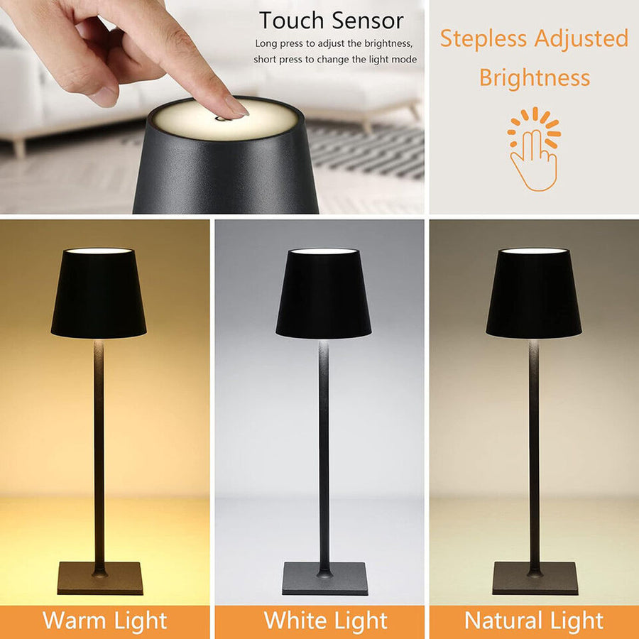 Lampa de masa wireless, metalica, cu touch, reincarcabila USB-C, 3 moduri iluminare, 3.5W