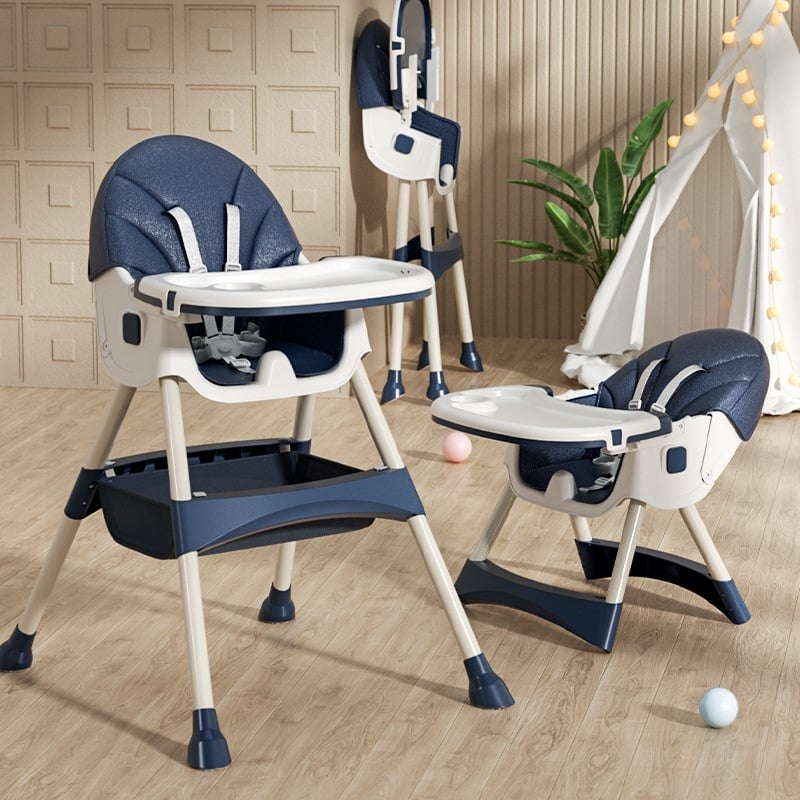 Scaun de Masa pentru Bebelusi si Copii cu Roti, Telescopic, Pliabil, Masuta Reglabila, Suport Picioare, Scaun cu Invelis Piele Artificiala, Centura Siguranta, Spatiu Depozitare, 97x73x65 cm