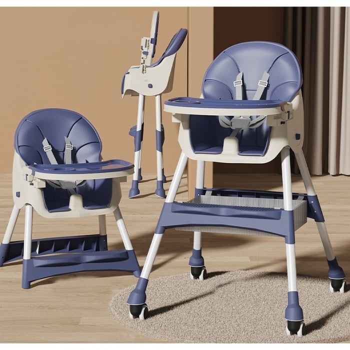 Scaun de Masa pentru Bebelusi si Copii cu Roti, Telescopic, Pliabil, Masuta Reglabila, Suport Picioare, Scaun cu Invelis Piele Artificiala, Centura Siguranta, Spatiu Depozitare, 97x73x65 cm