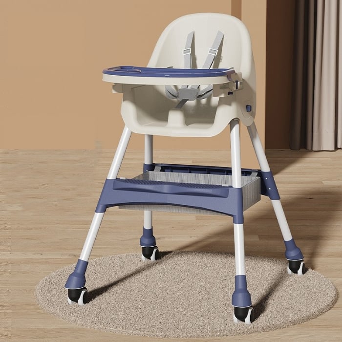 Scaun de Masa pentru Bebelusi si Copii cu Roti, Telescopic, Pliabil, Masuta Reglabila, Suport Picioare, Scaun cu Invelis Piele Artificiala, Centura Siguranta, Spatiu Depozitare, 97x73x65 cm