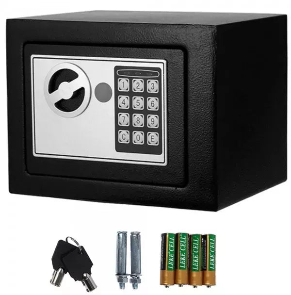 Seif metalic din otel cu inchidere electronica si cheie, 23 x 17 x 17 cm