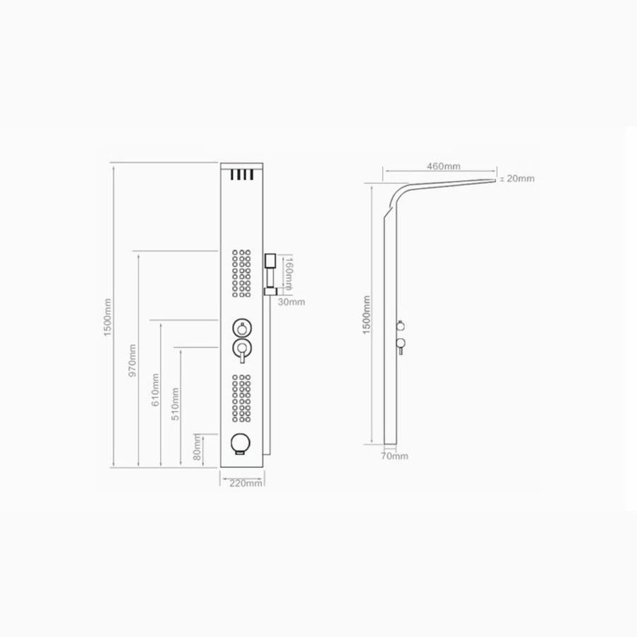 Set dus cu cap rectangular si baterie termostatata din inox, montaj pe perete, culori argintiu si auriu
