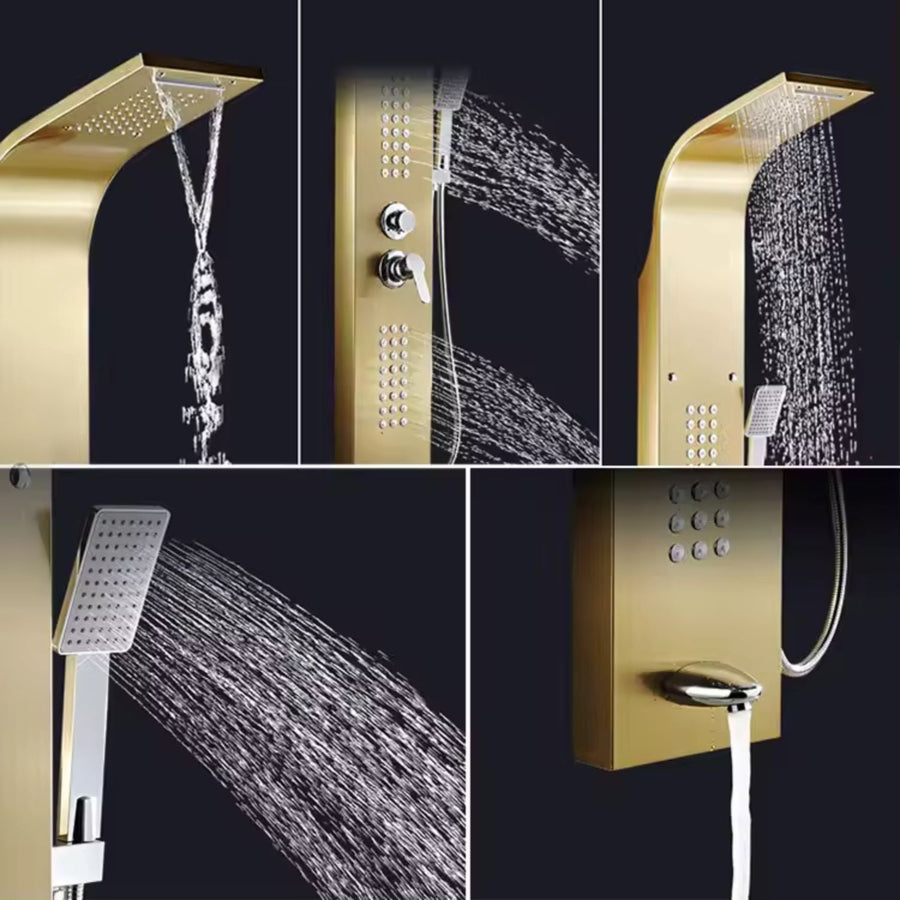 Set dus cu cap rectangular si baterie termostatata din inox, montaj pe perete, culori argintiu si auriu