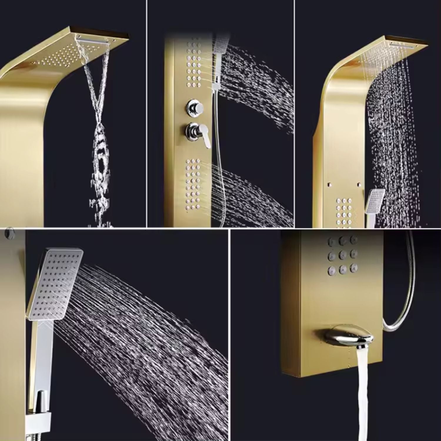 RESIGILAT - Set dus cu cap rectangular si baterie termostatata din inox, montaj pe perete, culori argintiu si auriu
