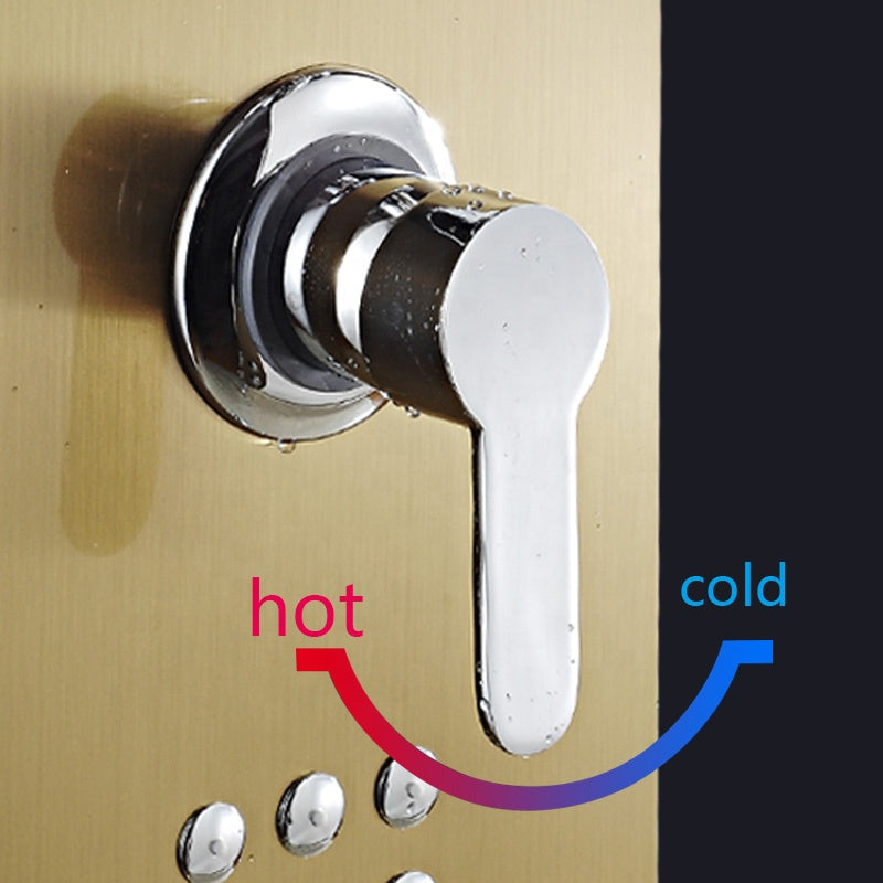 RESIGILAT - Set dus cu cap rectangular si baterie termostatata din inox, montaj pe perete, culori argintiu si auriu