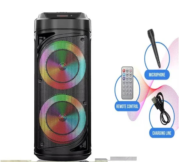 Boxa portabila Bluetooth cu difuzoare duale 8 inch, microfon karaoke, sunet puternic, lumini LED, autonomie mare