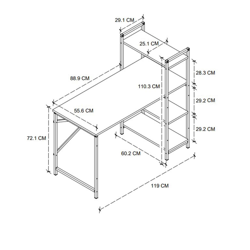 Birou  din PAL cu rafturi laterale, structura metalica, 119 x 55,6 x 110,3 cm