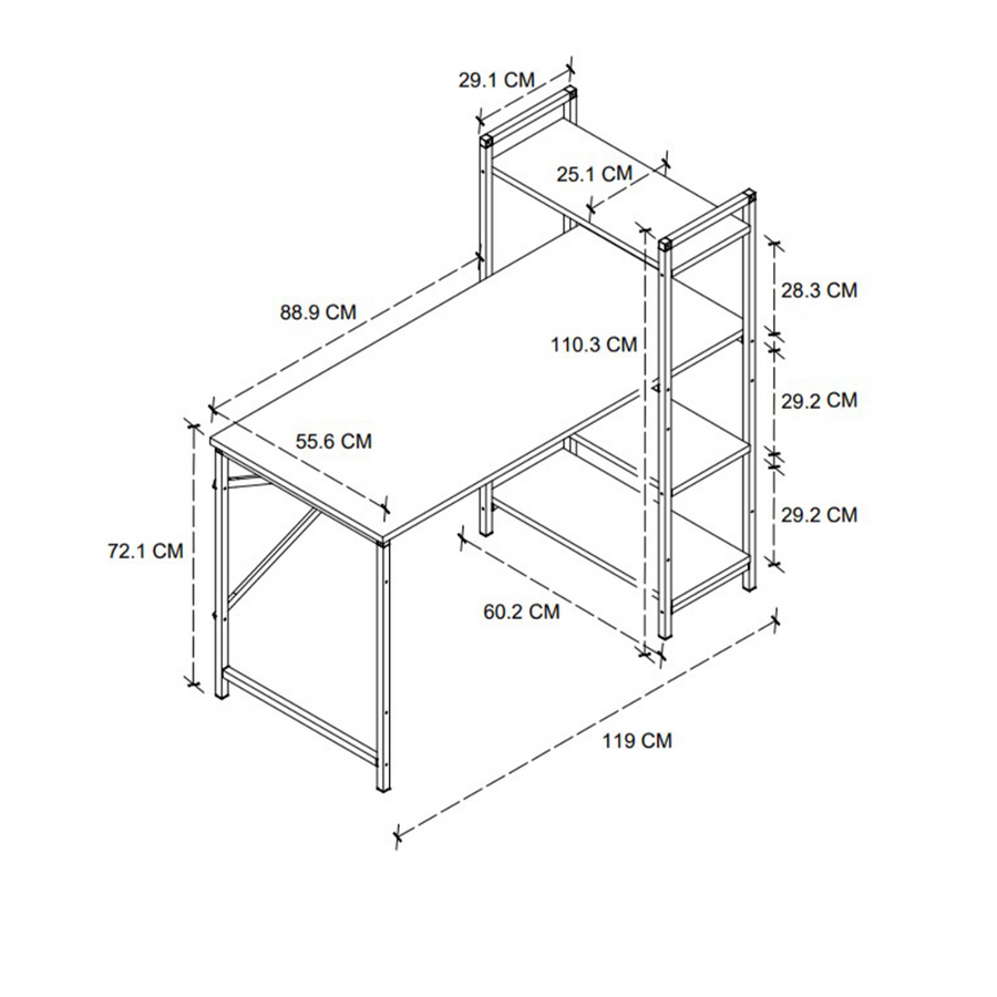 Birou  din PAL cu rafturi laterale, structura metalica, 119 x 55,6 x 110,3 cm