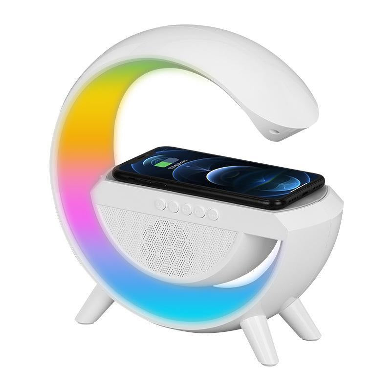 Lampă LED multifuncțională RGB cu încărcare wireless 15W și boxă Bluetooth, albă