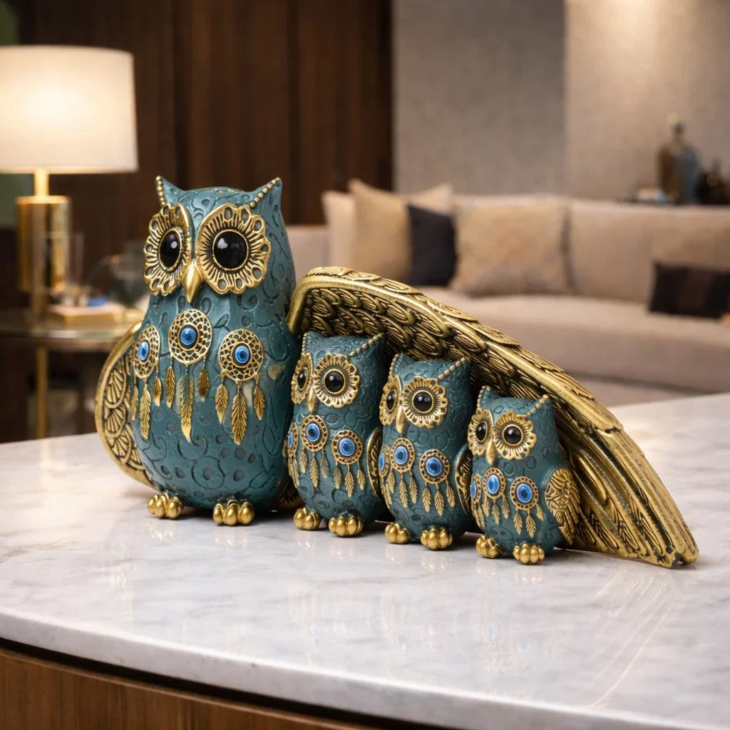 Statueta decorativa Familie de Bufnite din rasina simbol al protectiei si intelepciunii 21 x 8.5 x 10 cm