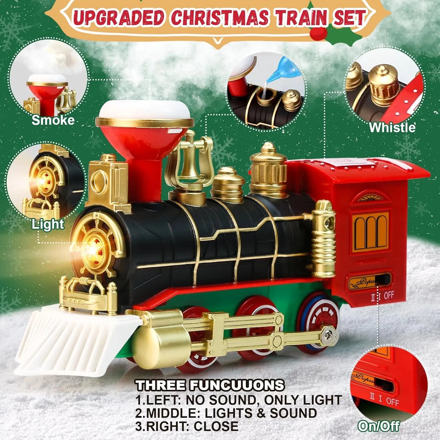 Set Tren Electric de Craciun  pentru Brad, Lumini si Sunete, 22 Piese, Locomotiva, Vagon Carbune, Sanie Mos Craciun si Sine
