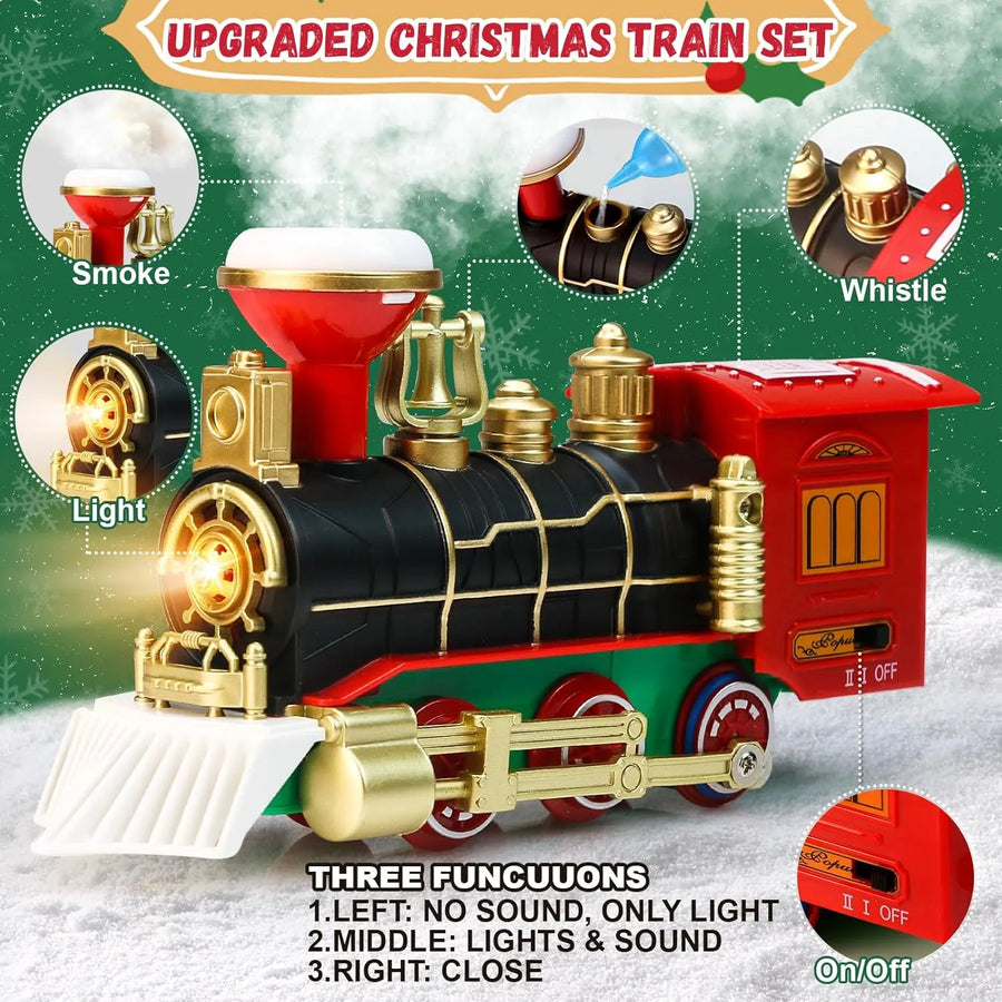 Set Tren Electric de Craciun  pentru Brad, Lumini si Sunete, 22 Piese, Locomotiva, Vagon Carbune, Sanie Mos Craciun si Sine