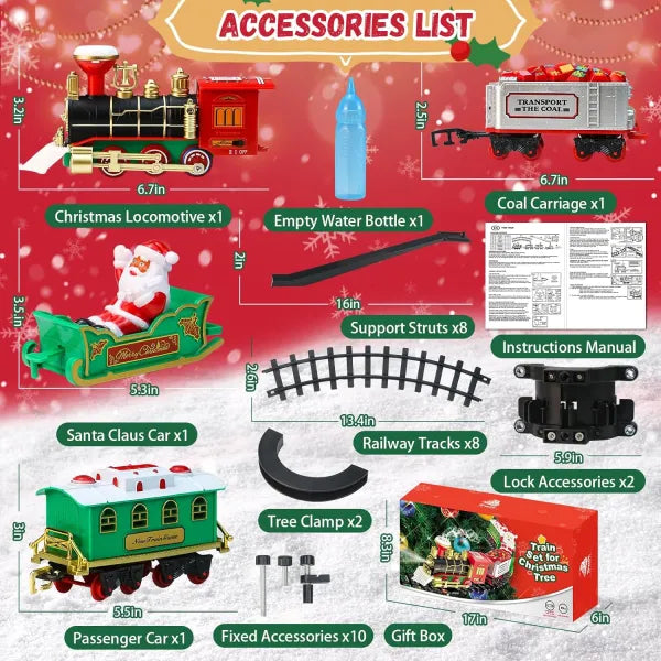 Set Tren Electric de Craciun  pentru Brad, Lumini si Sunete, 22 Piese, Locomotiva, Vagon Carbune, Sanie Mos Craciun si Sine
