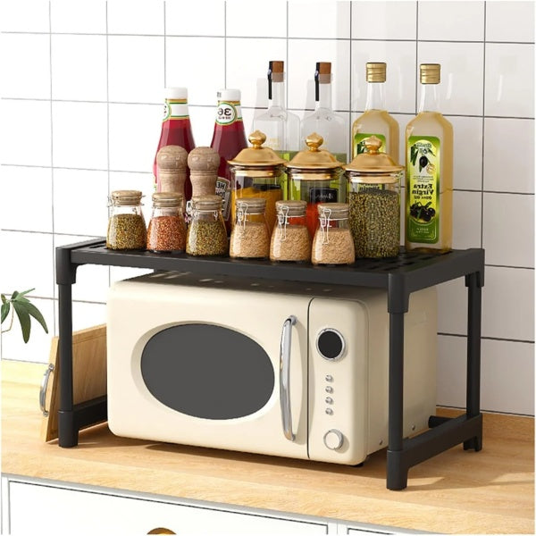 Suport cuptor microunde cu raft superior 57.5x26x31 cm, organizator bucatarie metalic, alb/negru
