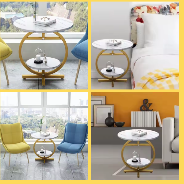 RESIGILAT - Masuta de cafea rotunda cu design tip marmura, 2 nivele de depozitare