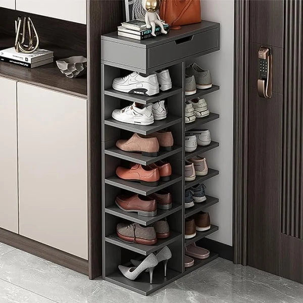 Pantofar cu 7 Etaje si Sertar Superior din PAL Gri/Stejar 40 x 22 x 111 cm