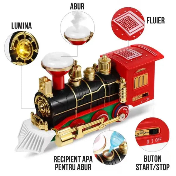 Set Tren Electric de Craciun  pentru Brad, Lumini si Sunete, 22 Piese, Locomotiva, Vagon Carbune, Sanie Mos Craciun si Sine
