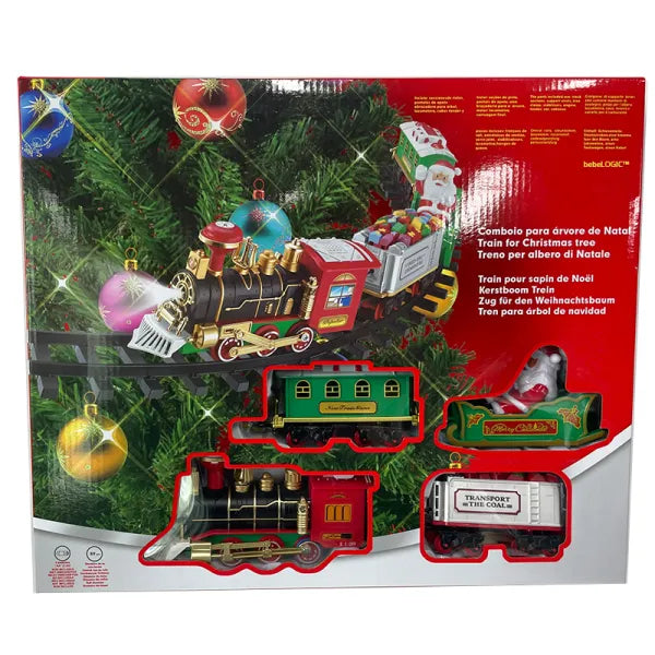 Set Tren Electric de Craciun  pentru Brad, Lumini si Sunete, 22 Piese, Locomotiva, Vagon Carbune, Sanie Mos Craciun si Sine
