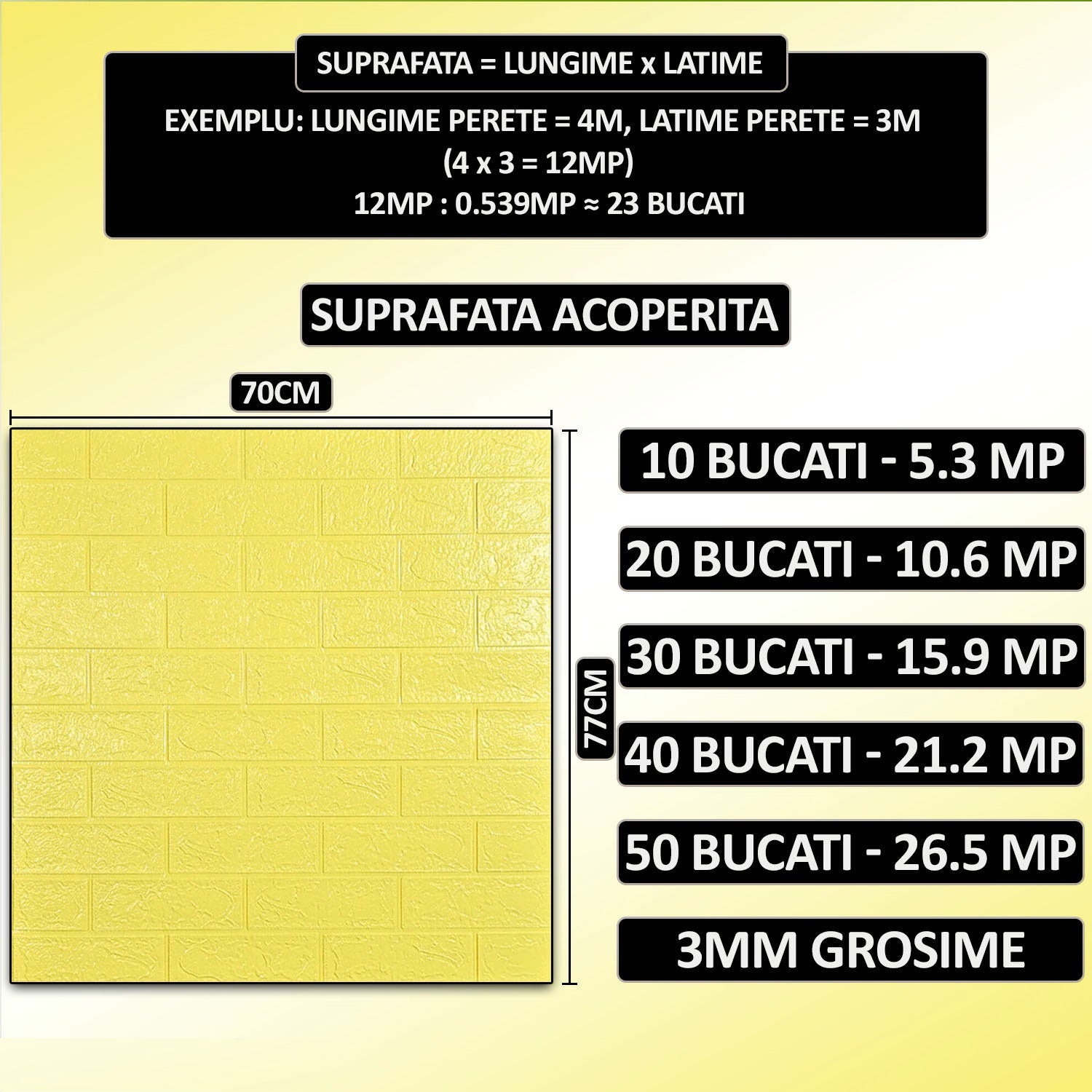 Tapet 3D caramida galbena  auto-adeziv pentru interior, 70 x 77 cm